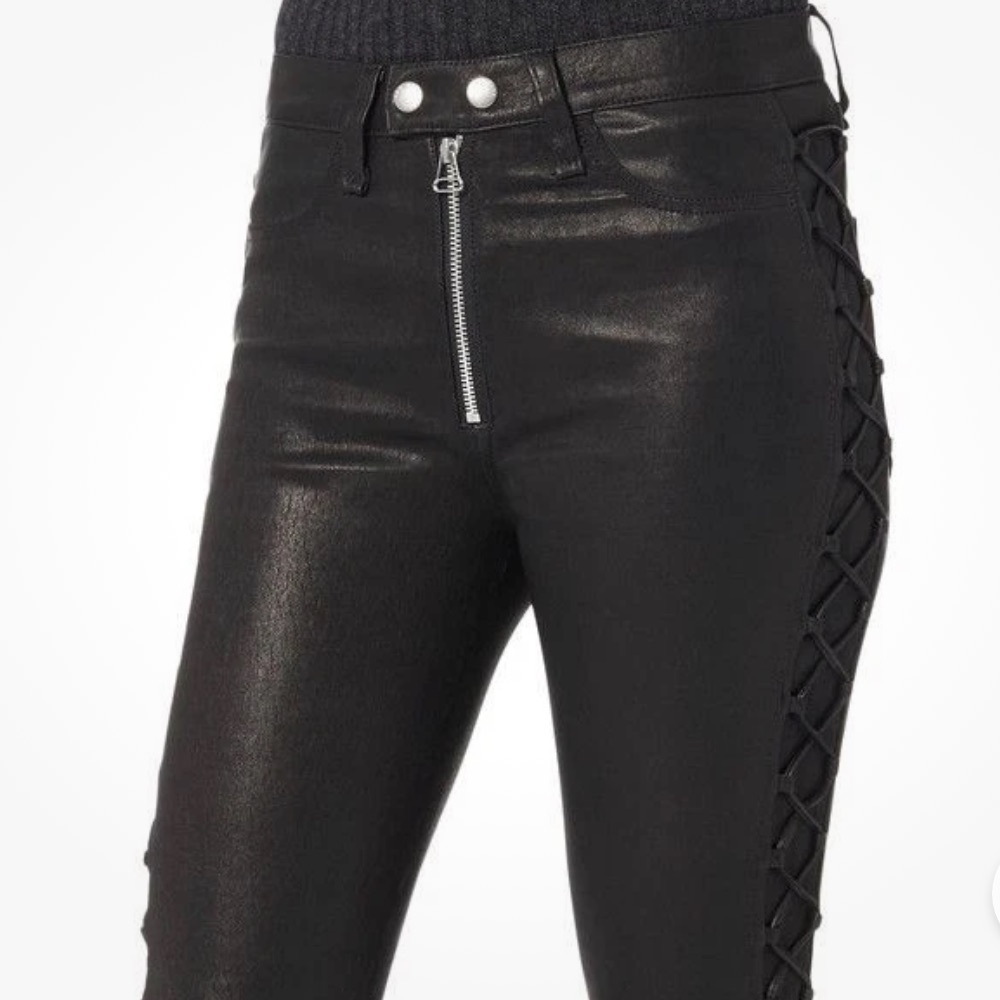 Rag & Bone Kiku high rise‎ Lamb Leather Black Lace-Up Skinny Pants size 25 - Picture 3 of 12